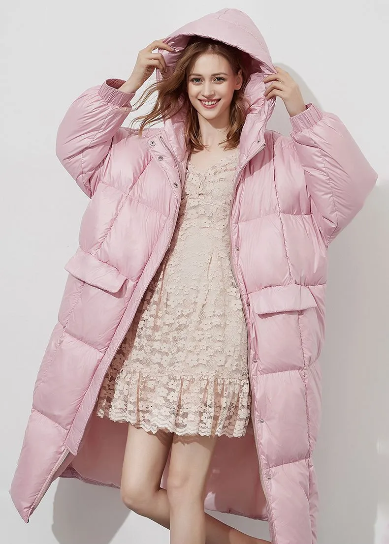 Lorelei Pink Hooded Down & Feather Fill Puffer Long Coat