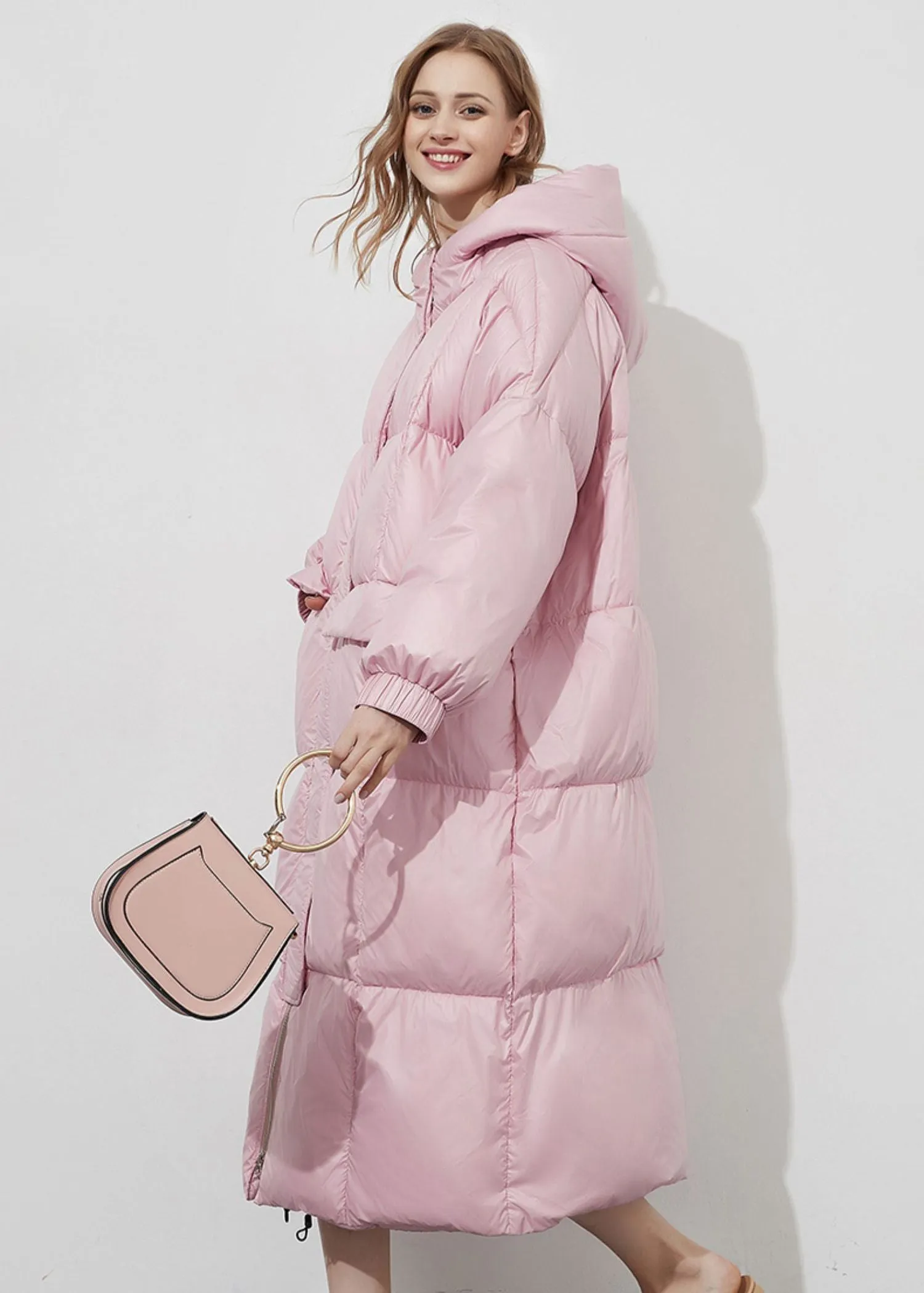 Lorelei Pink Hooded Down & Feather Fill Puffer Long Coat