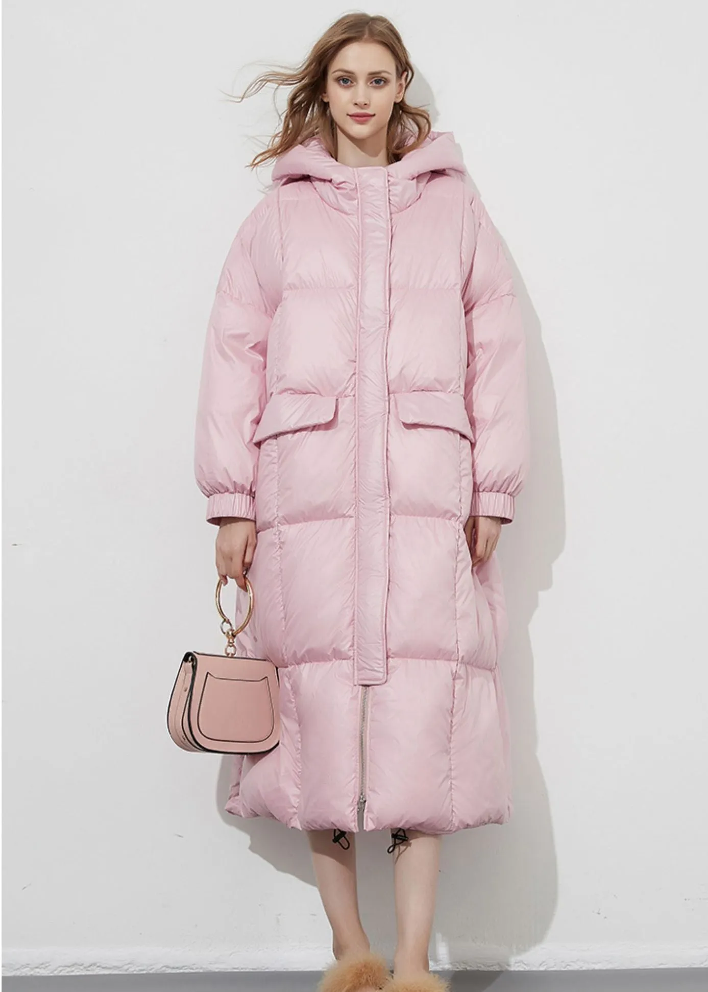 Lorelei Pink Hooded Down & Feather Fill Puffer Long Coat