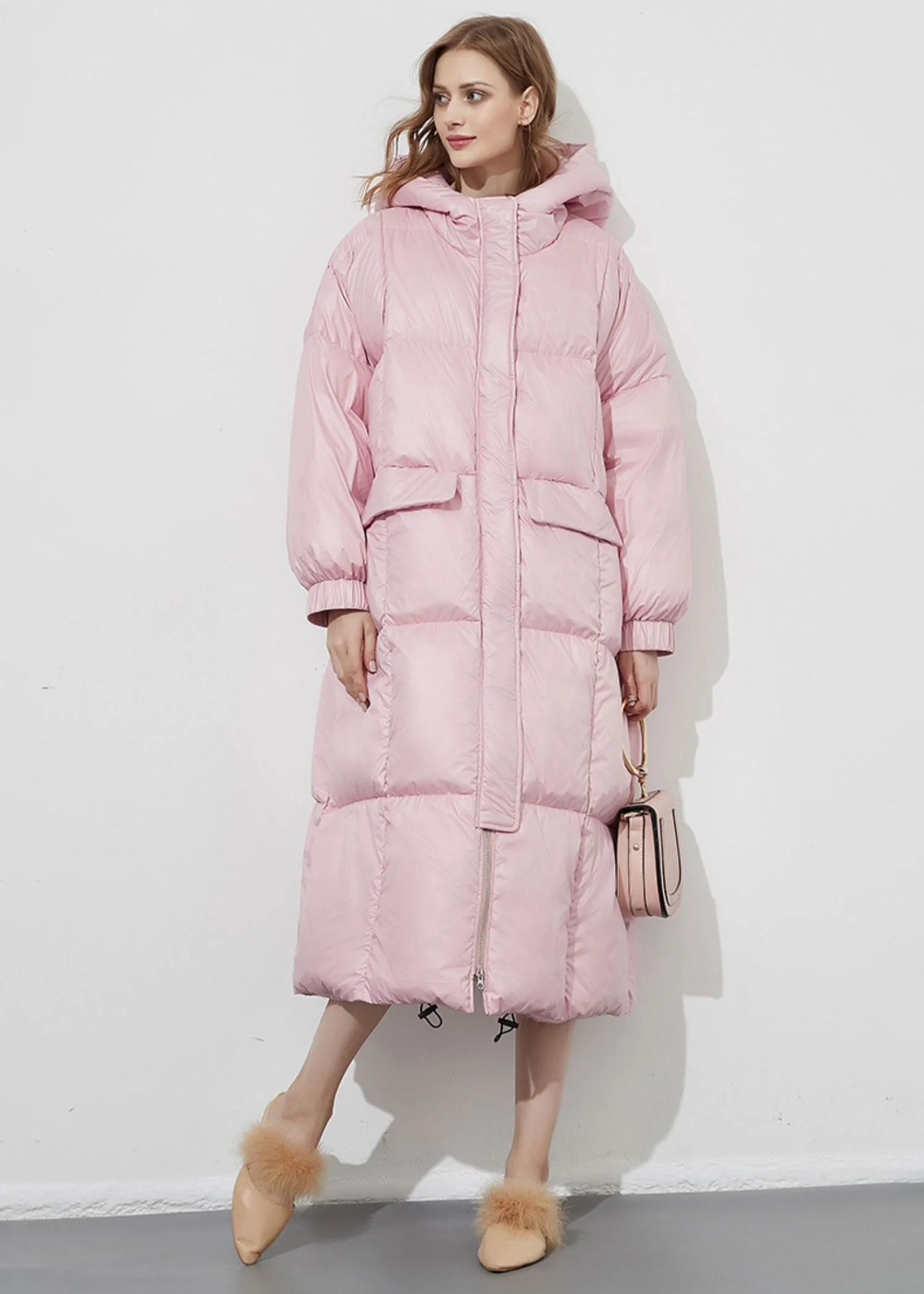 Lorelei Pink Hooded Down & Feather Fill Puffer Long Coat