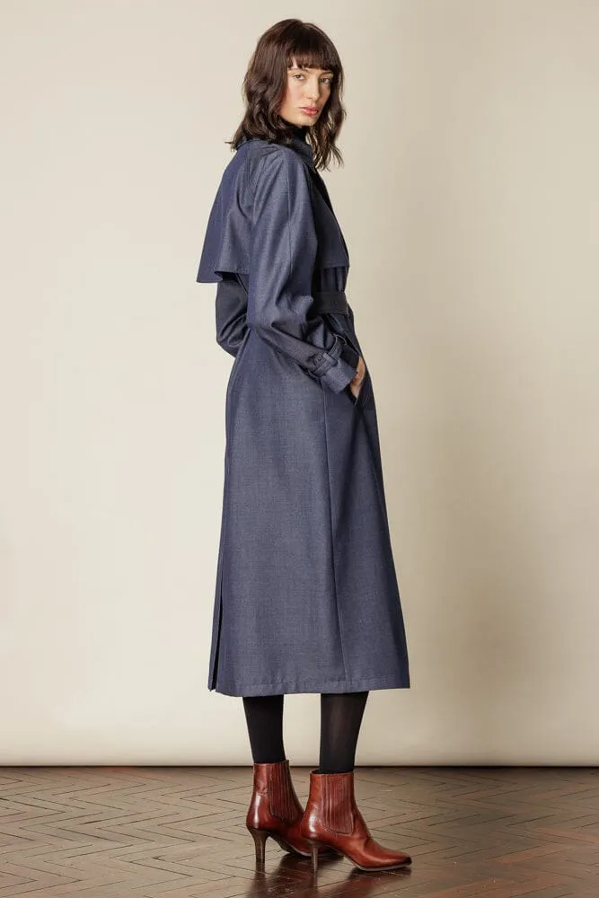 Maddie Trench Coat - Denim Blue Wool Gabardine