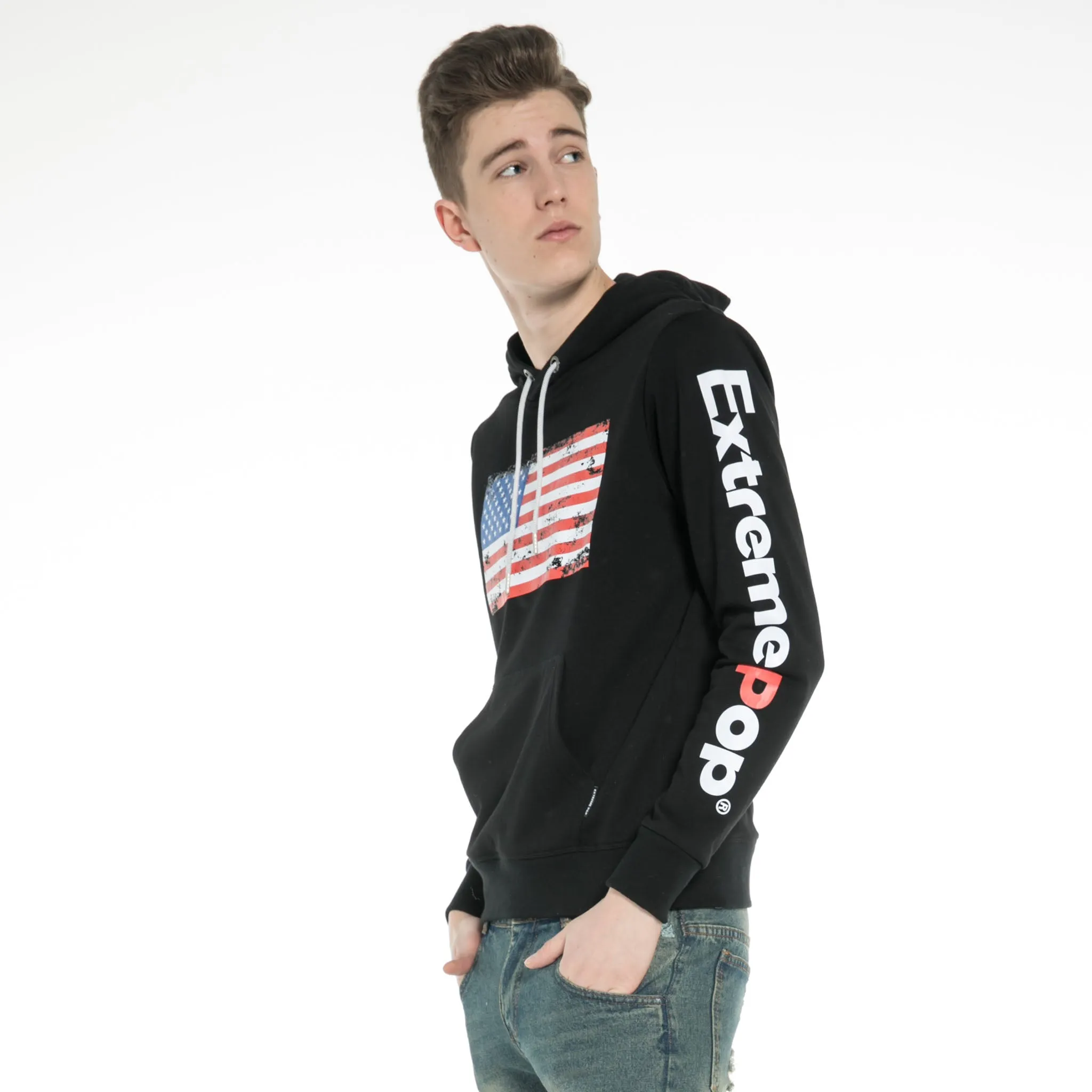 Men Distressed American Flag Classic Style Hoodie