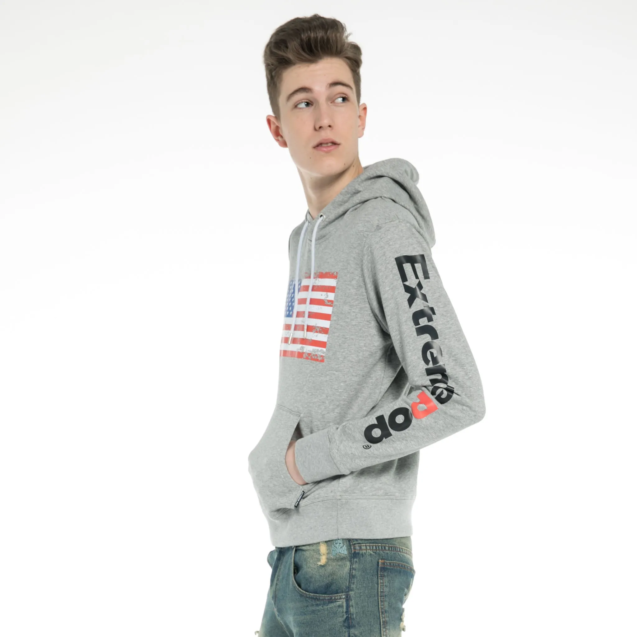 Men Distressed American Flag Classic Style Hoodie