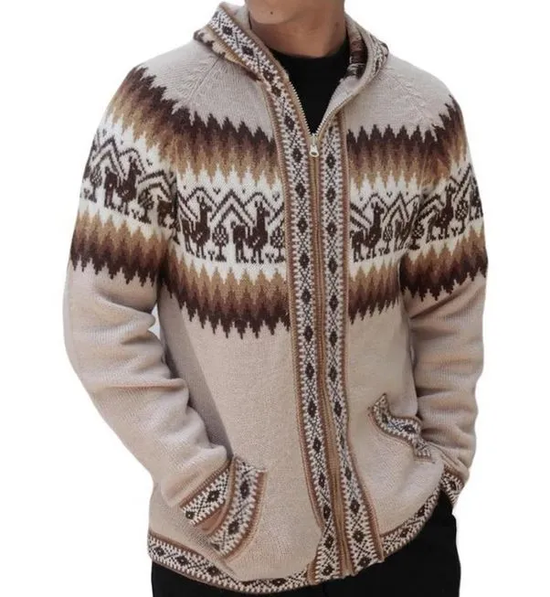 Mens Little Llamas Hooded Sweater Alpaca Wool Knitted Jacket Hoodie