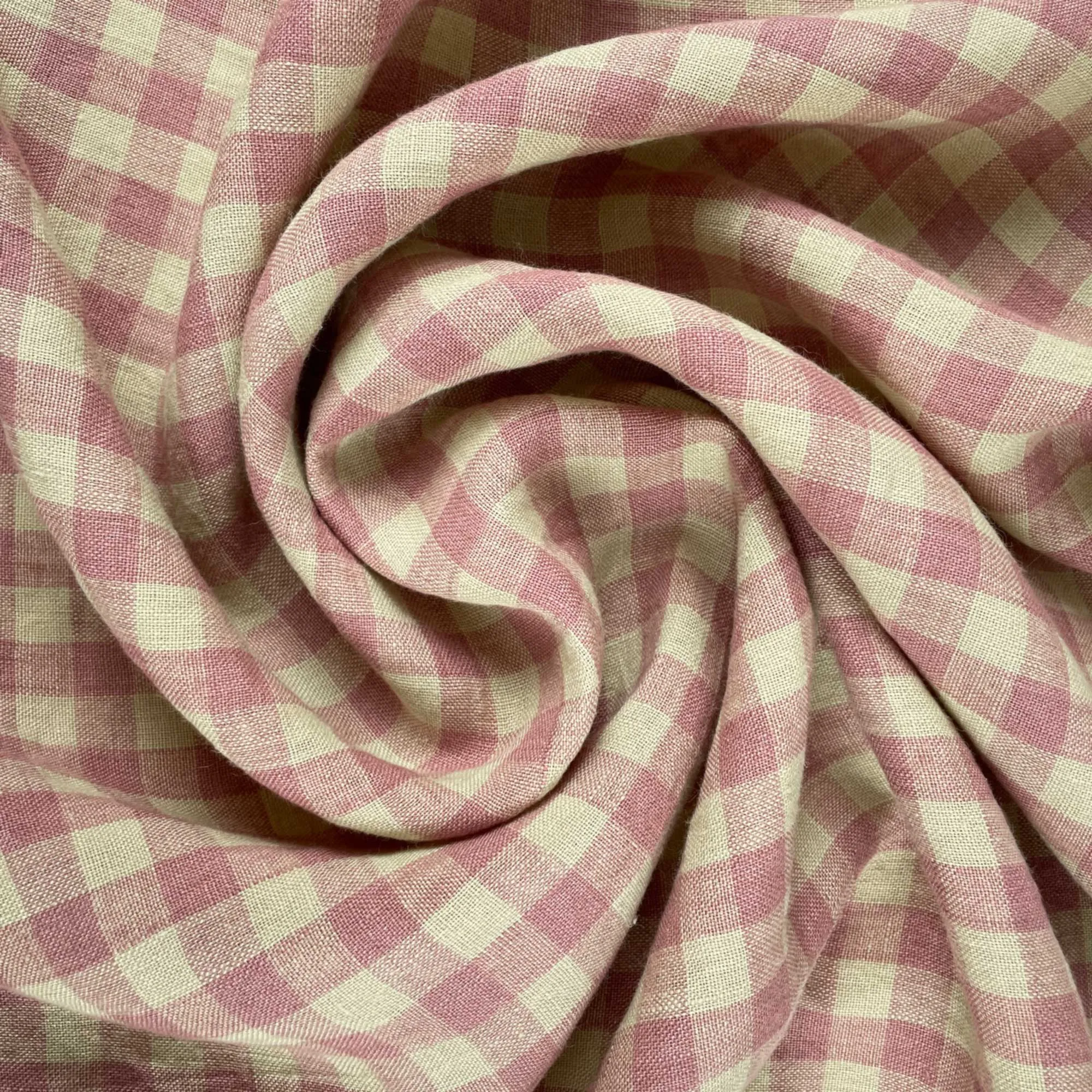 Nougat Laundered Linen Gingham Fabric in Pink & Cream