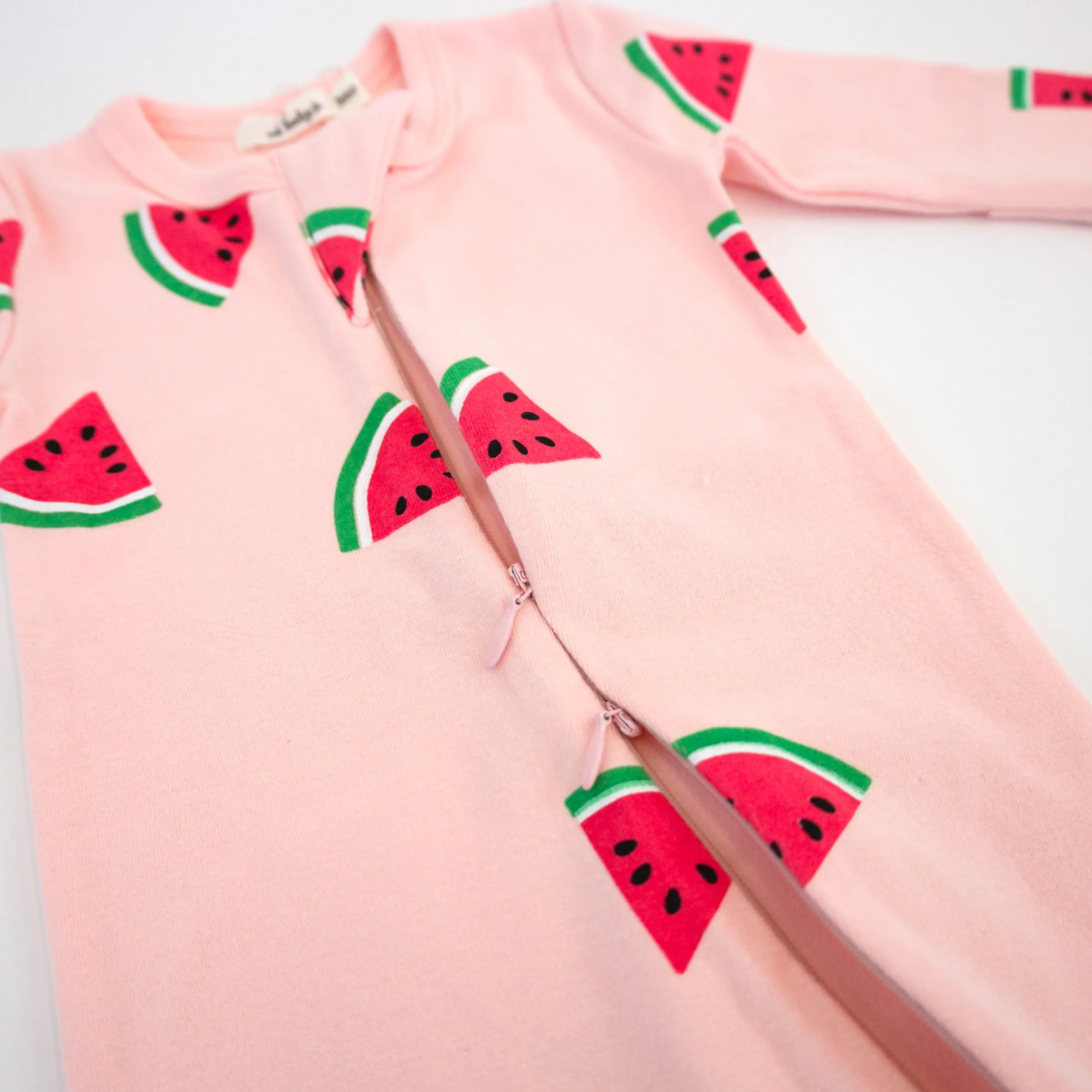 oh baby! Cotton Baby Rib Zipper Footie - Watermelon Print - Pink