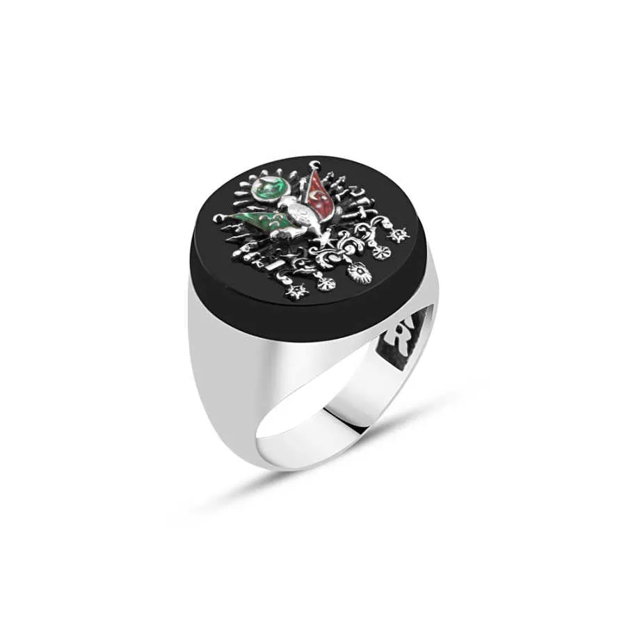 Ottoman Coat of Arms on Circle Onyx Stone Silver Men's Ring