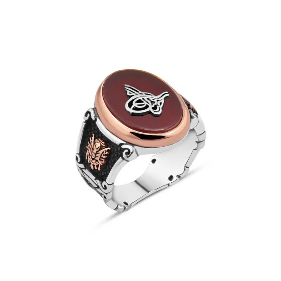 Ottoman Tughra on Red Ellipse Agate Stone Silver Men’s Ring Siding Ottoman Coat of Arms