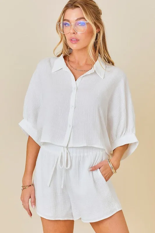 Oversized Gauze Button Down Cropped Shirt