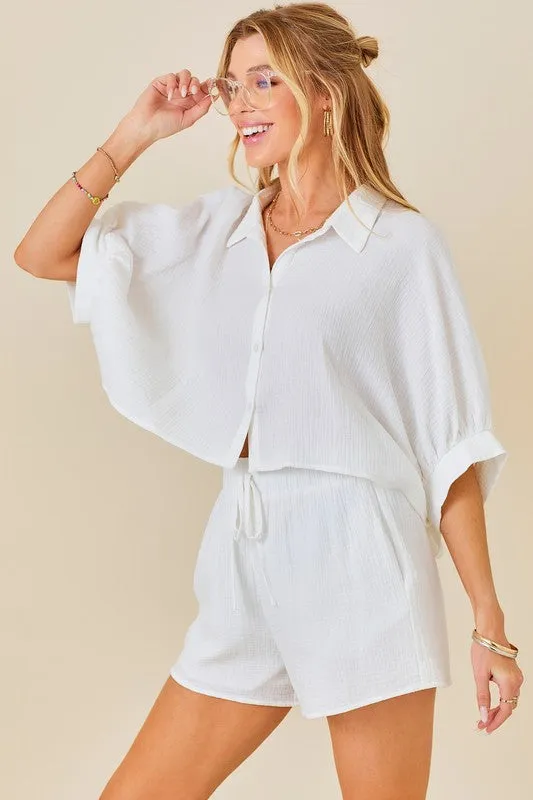 Oversized Gauze Button Down Cropped Shirt