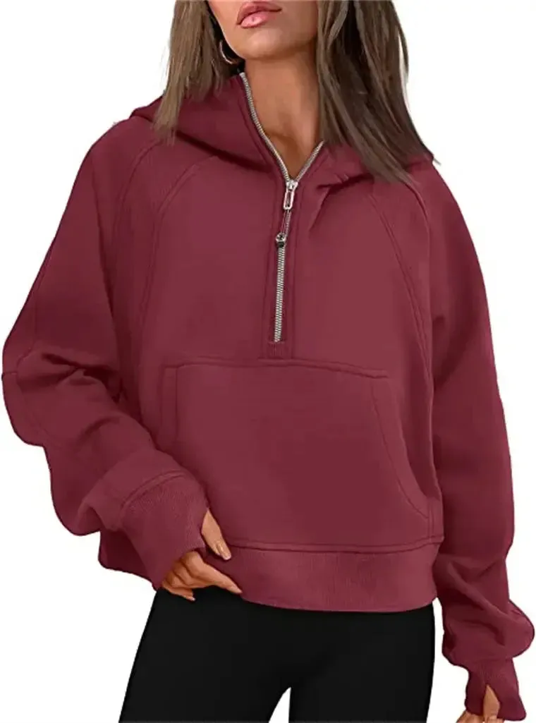 Oversized Scuba Half-Zip Hoodie Waist Length Jackets Sweatshirts Soft Thumbholes Leisure Yoga Coat for Winter