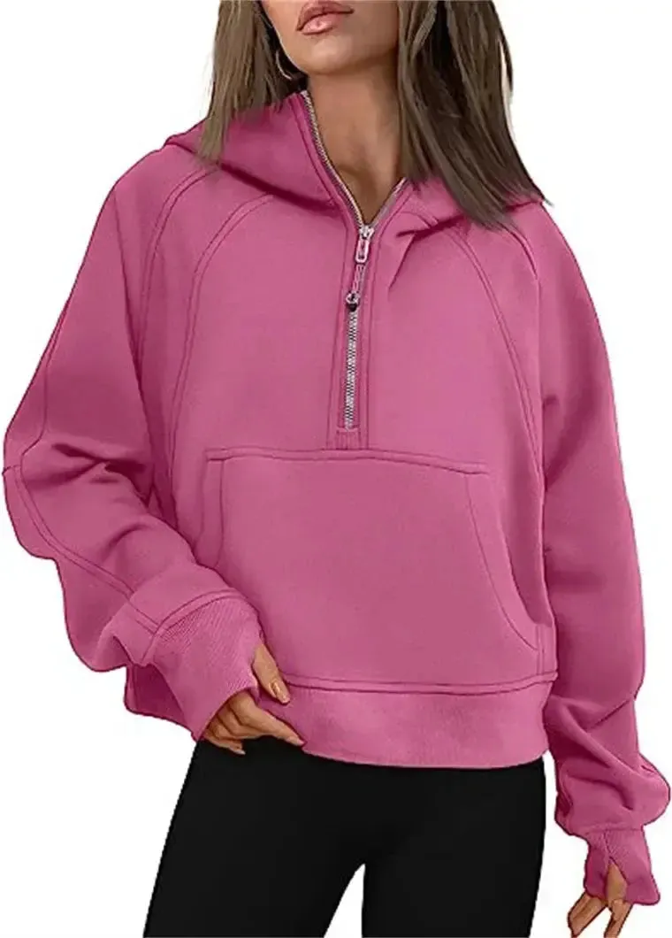 Oversized Scuba Half-Zip Hoodie Waist Length Jackets Sweatshirts Soft Thumbholes Leisure Yoga Coat for Winter