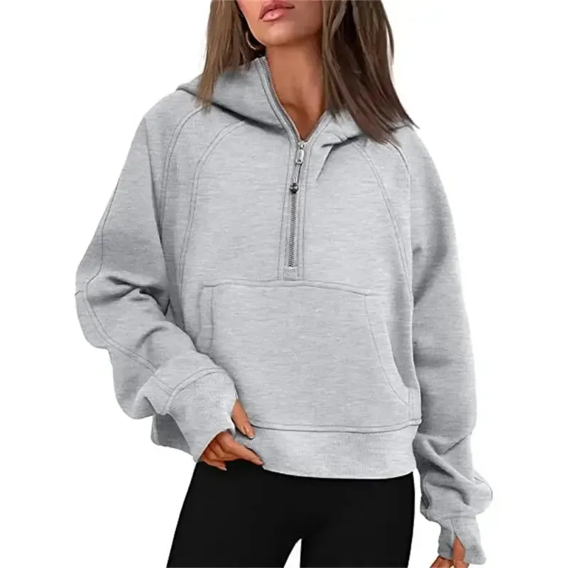 Oversized Scuba Half-Zip Hoodie Waist Length Jackets Sweatshirts Soft Thumbholes Leisure Yoga Coat for Winter