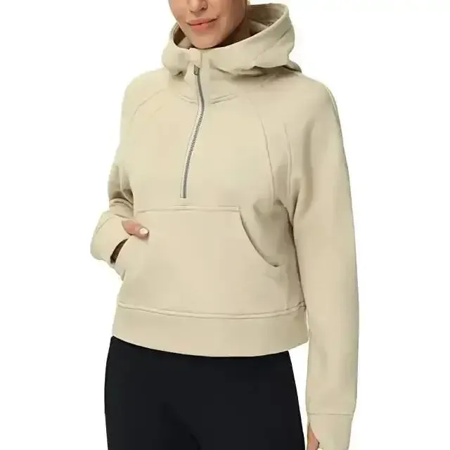 Oversized Scuba Half-Zip Hoodie Waist Length Jackets Sweatshirts Soft Thumbholes Leisure Yoga Coat for Winter