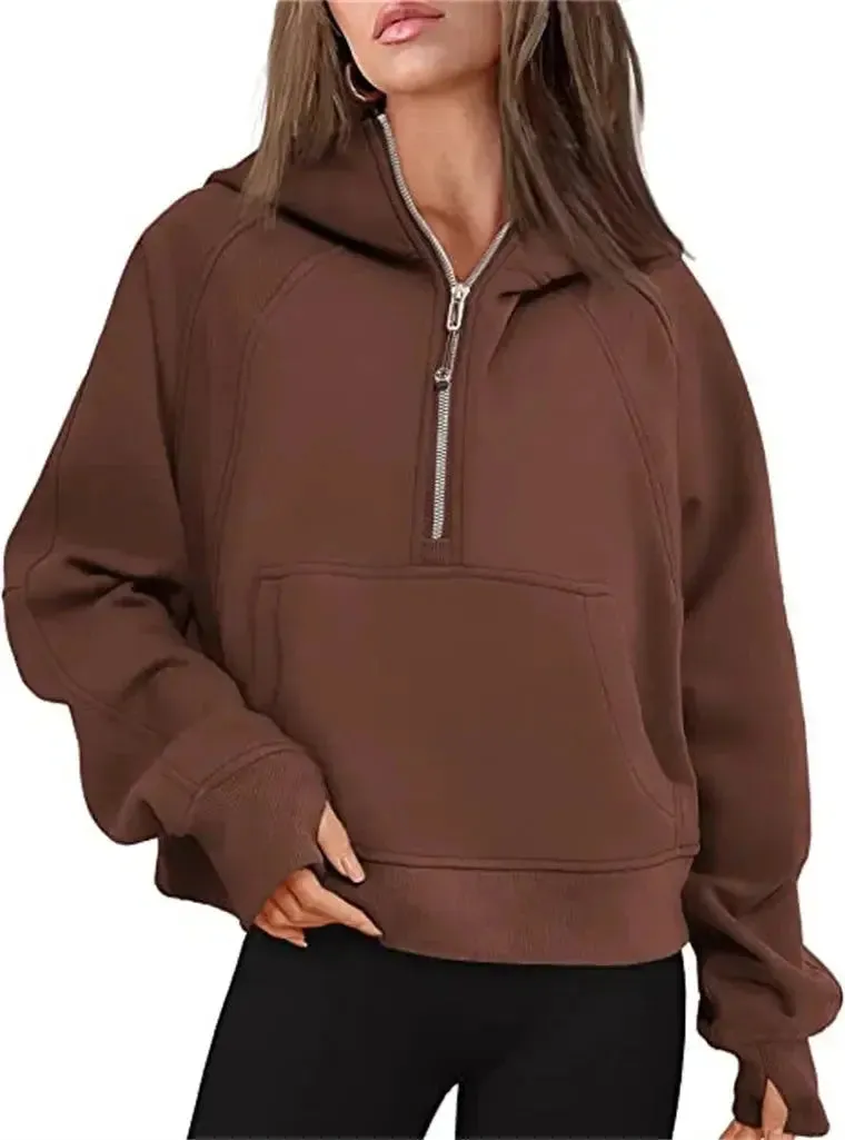 Oversized Scuba Half-Zip Hoodie Waist Length Jackets Sweatshirts Soft Thumbholes Leisure Yoga Coat for Winter