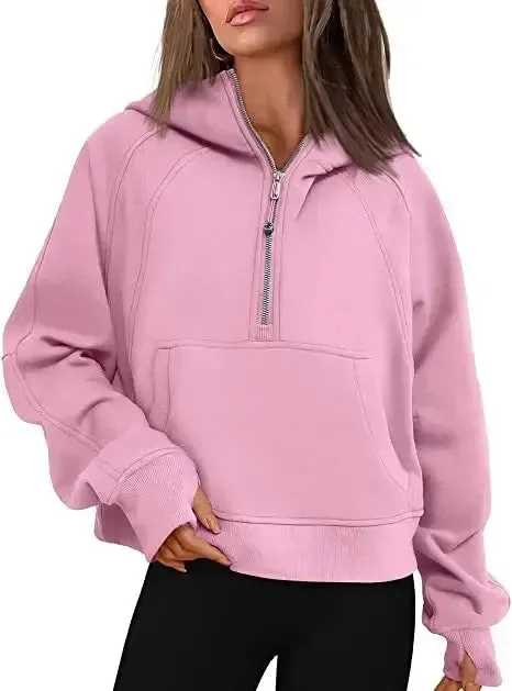 Oversized Scuba Half-Zip Hoodie Waist Length Jackets Sweatshirts Soft Thumbholes Leisure Yoga Coat for Winter