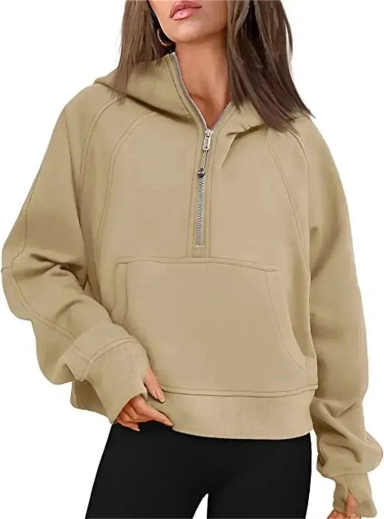 Oversized Scuba Half-Zip Hoodie Waist Length Jackets Sweatshirts Soft Thumbholes Leisure Yoga Coat for Winter