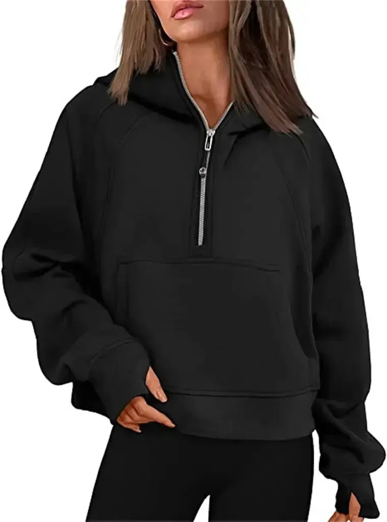 Oversized Scuba Half-Zip Hoodie Waist Length Jackets Sweatshirts Soft Thumbholes Leisure Yoga Coat for Winter