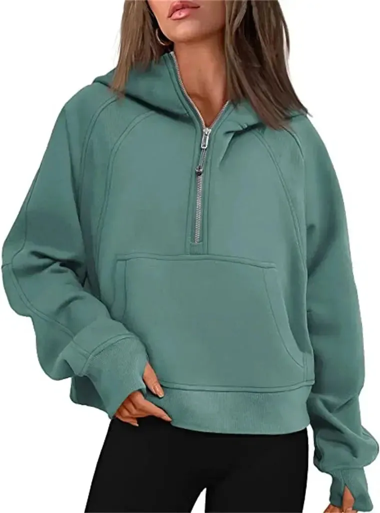 Oversized Scuba Half-Zip Hoodie Waist Length Jackets Sweatshirts Soft Thumbholes Leisure Yoga Coat for Winter