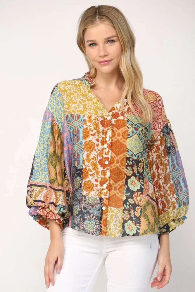 Patchwork Mixed Print Bubble Sleeve Blouse