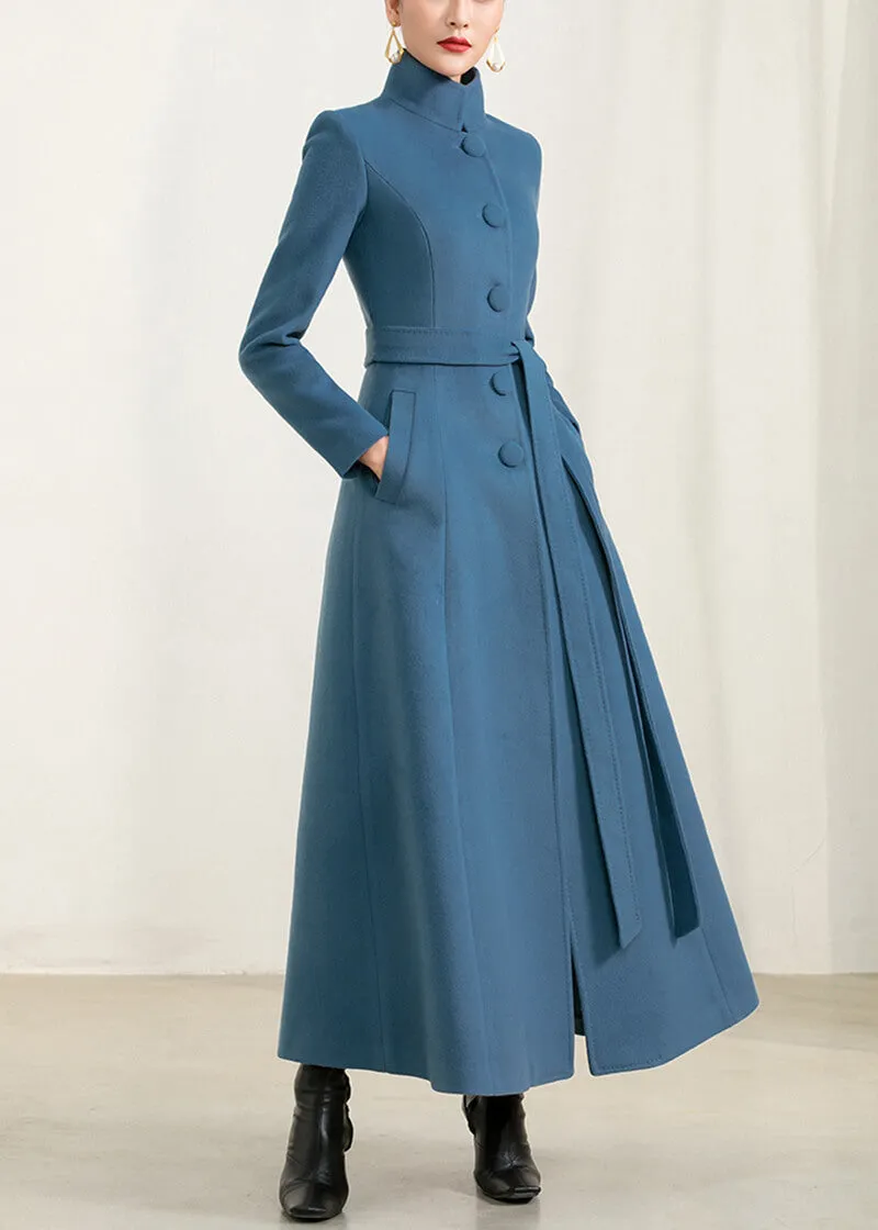 Qearl Stand Collar Fit & Flare Wool Blend Coat