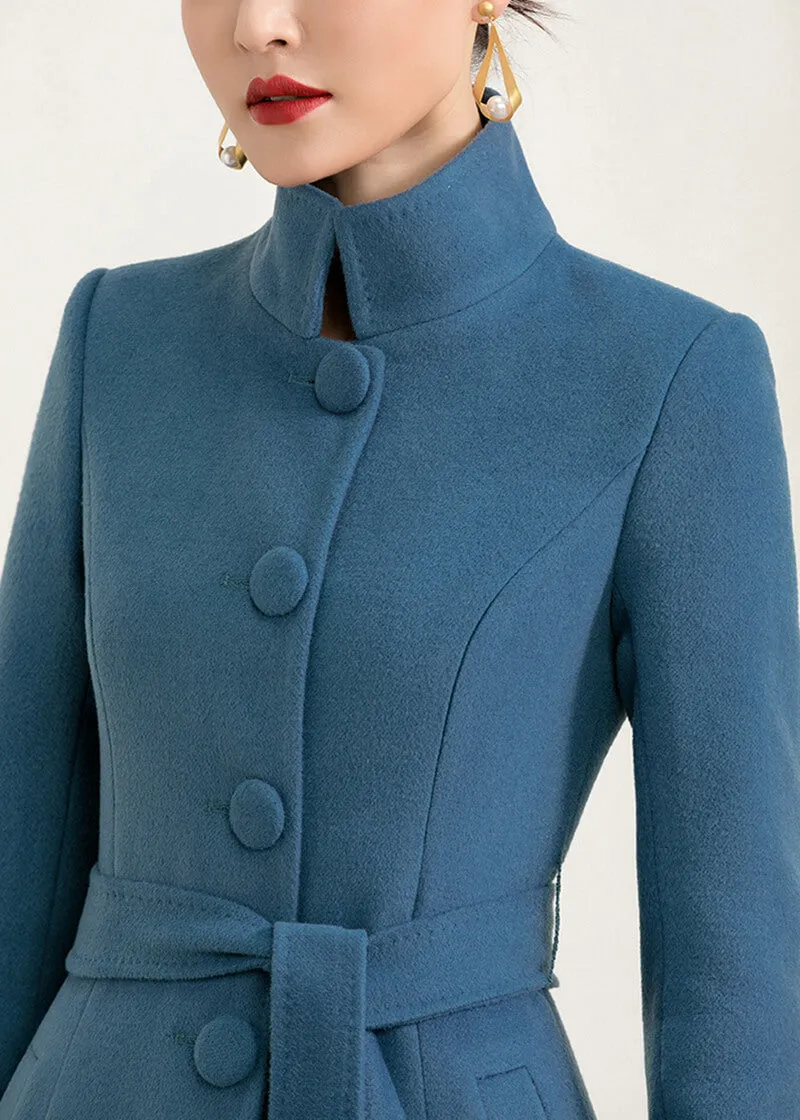 Qearl Stand Collar Fit & Flare Wool Blend Coat