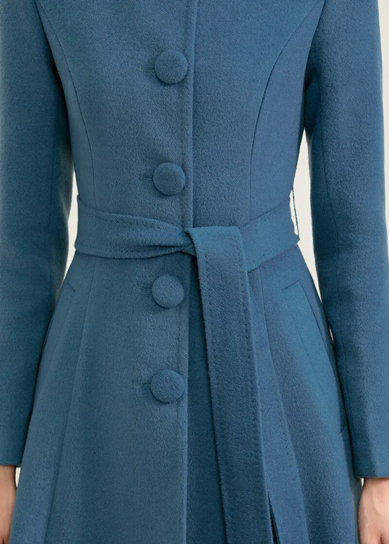 Qearl Stand Collar Fit & Flare Wool Blend Coat