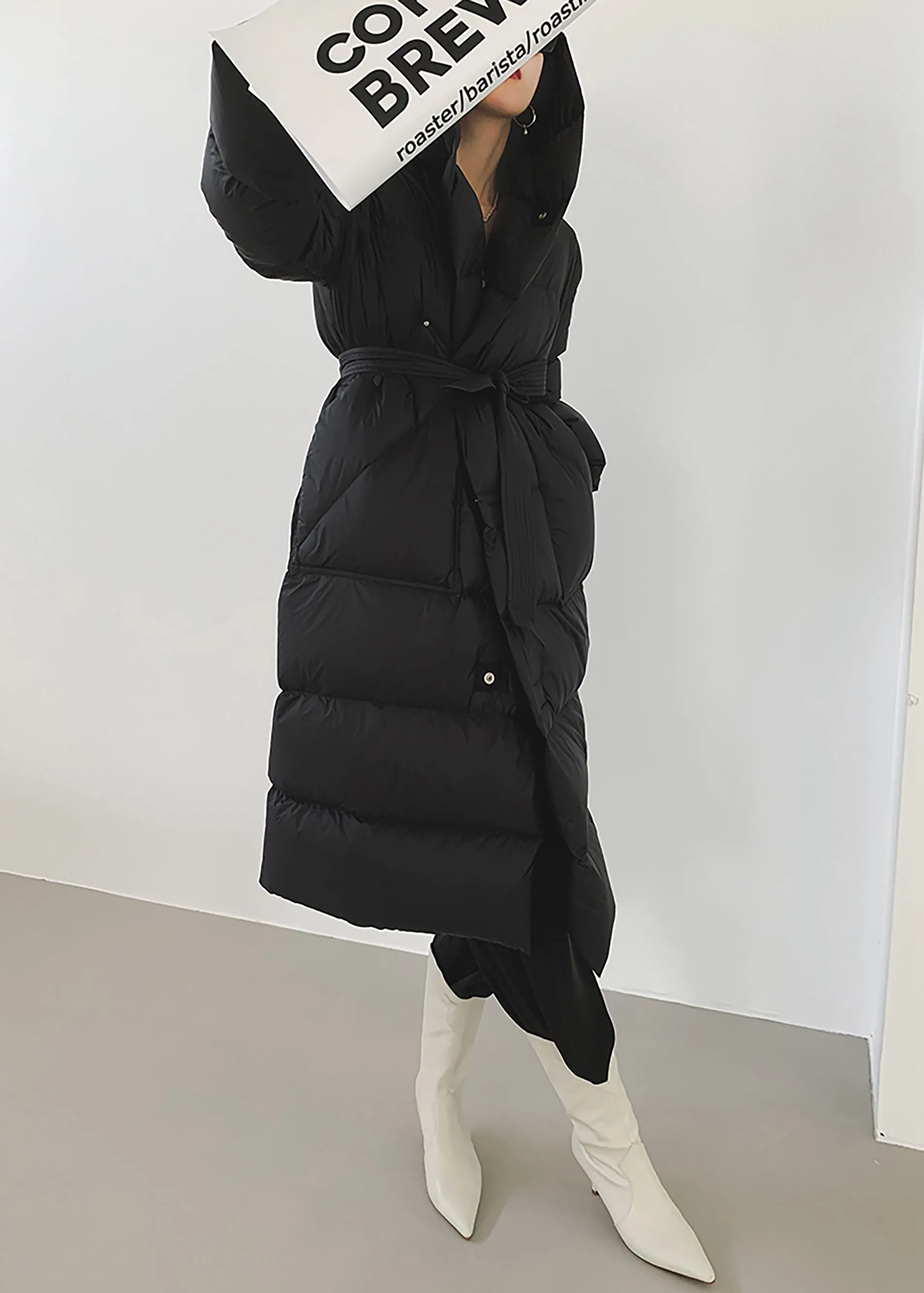 Queenie Long Belted Hooded Goose Down Coat