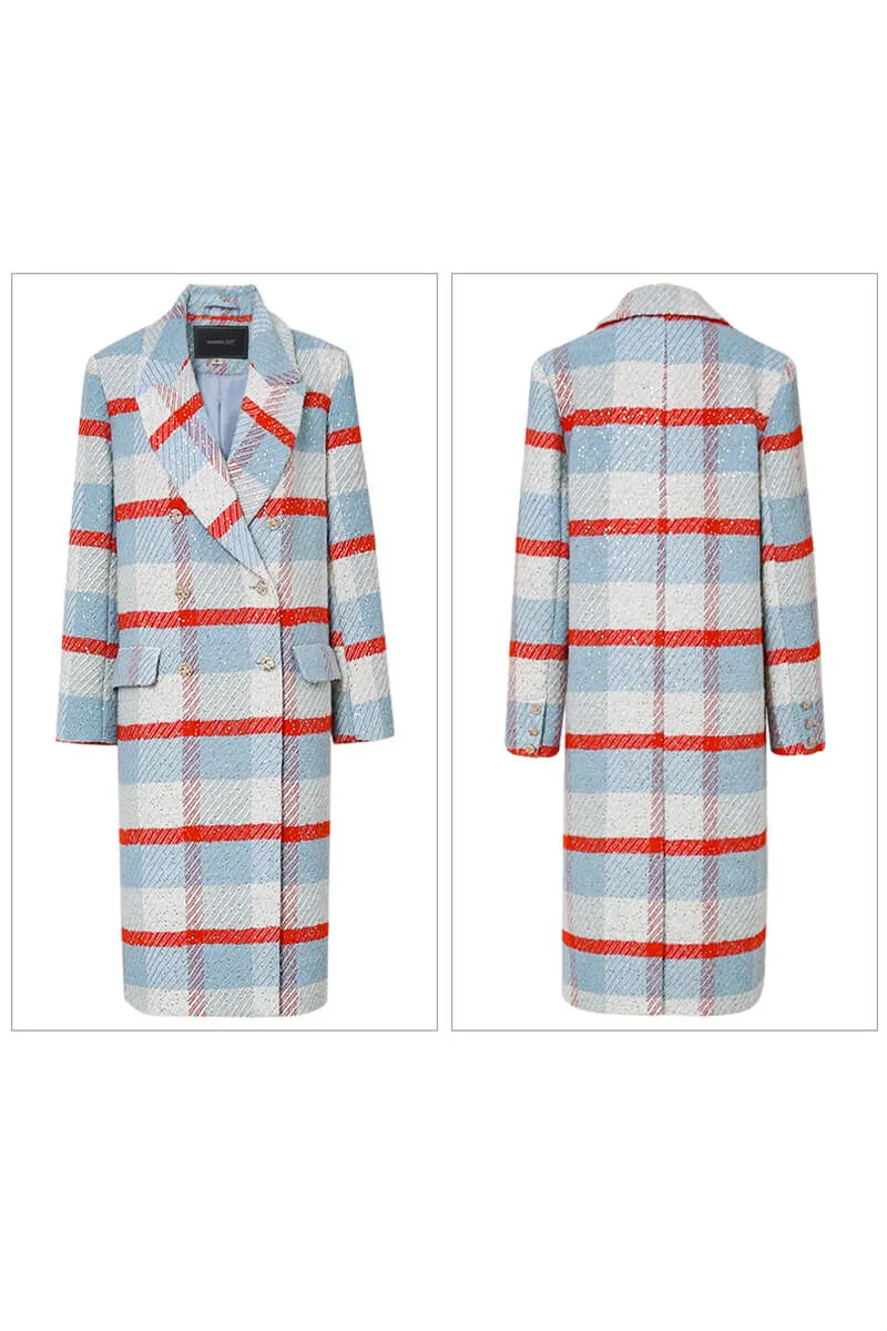 Renee Wool Blend Plaid Sequin Double Breasted Coat