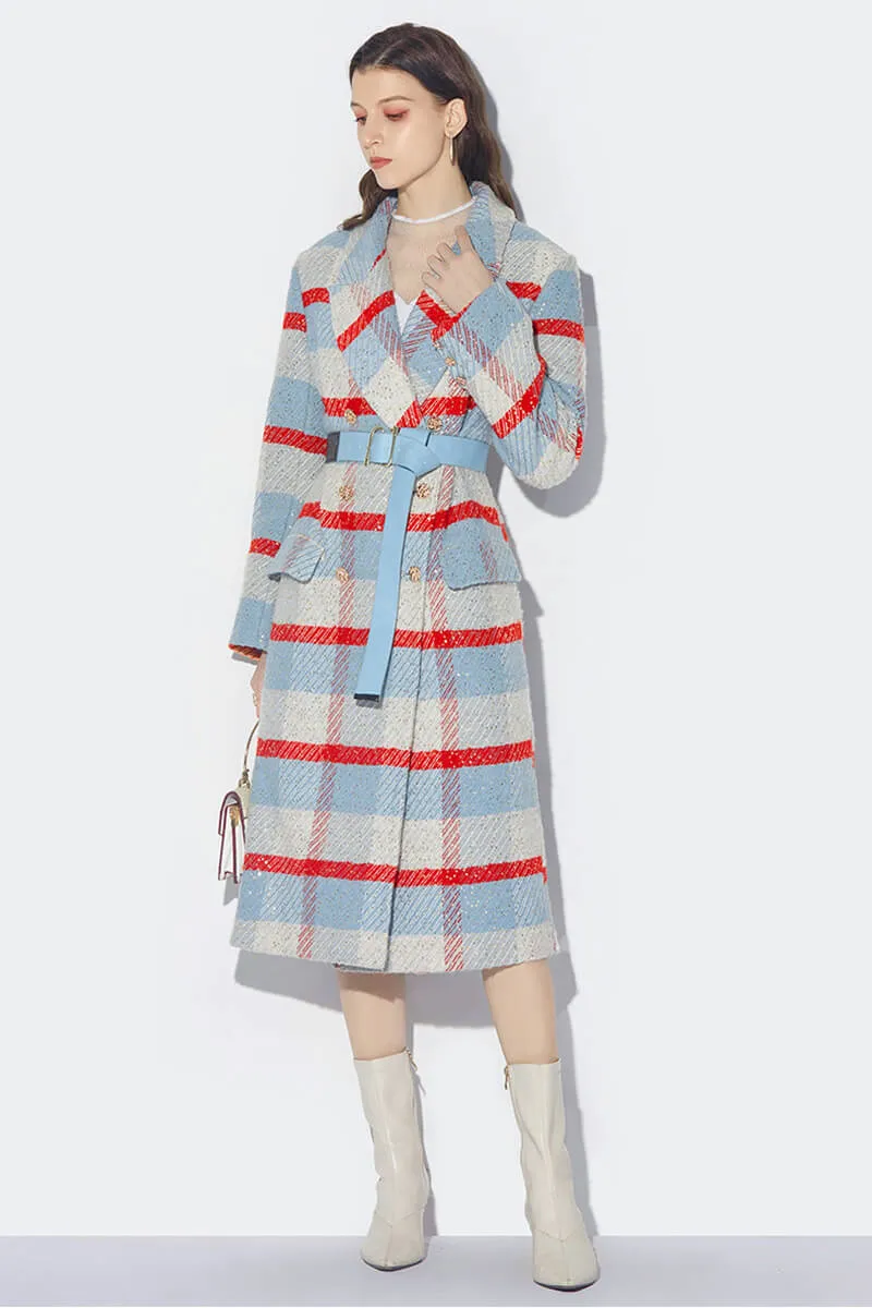 Renee Wool Blend Plaid Sequin Double Breasted Coat