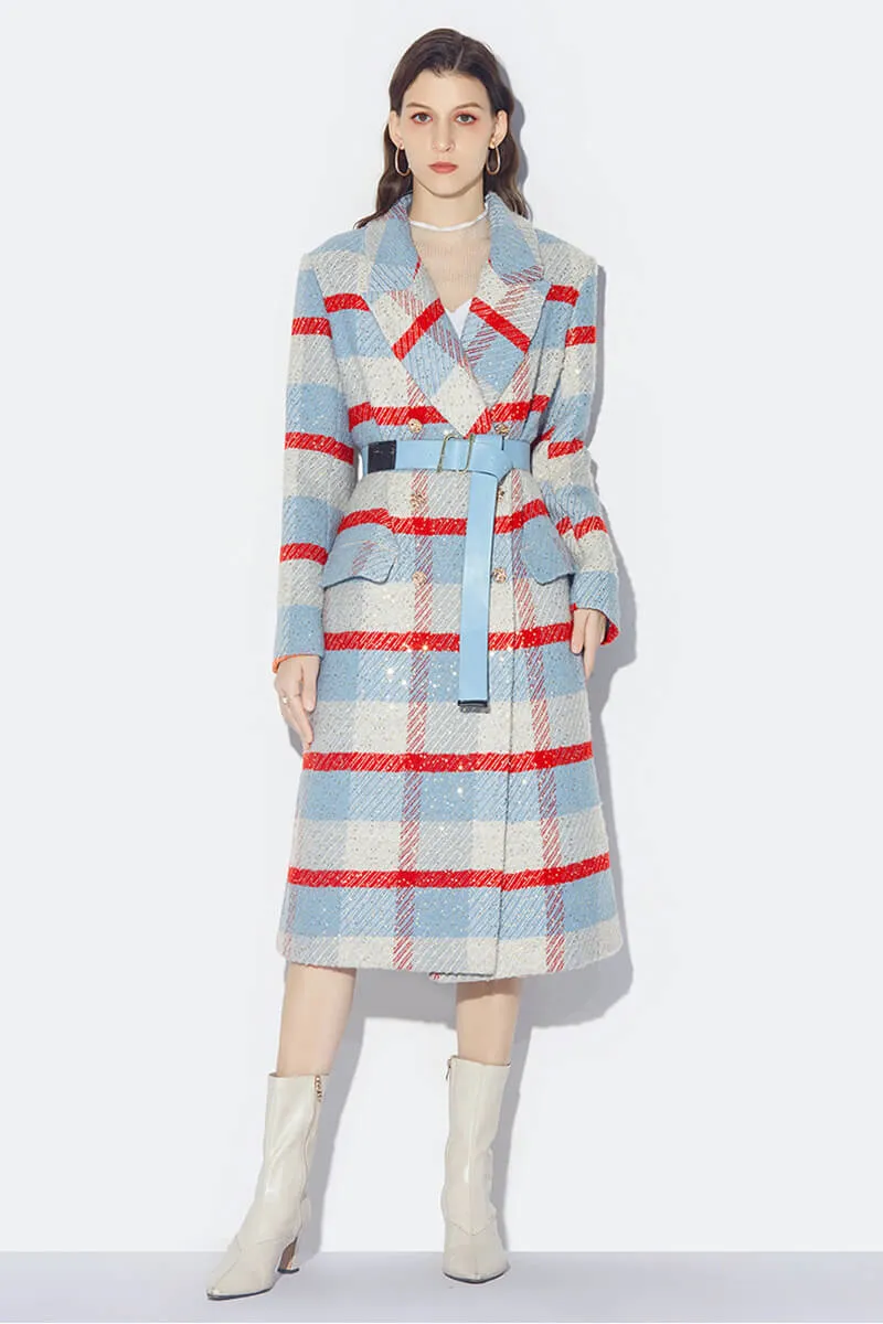 Renee Wool Blend Plaid Sequin Double Breasted Coat