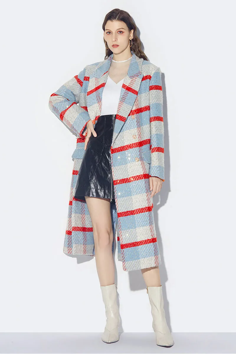 Renee Wool Blend Plaid Sequin Double Breasted Coat