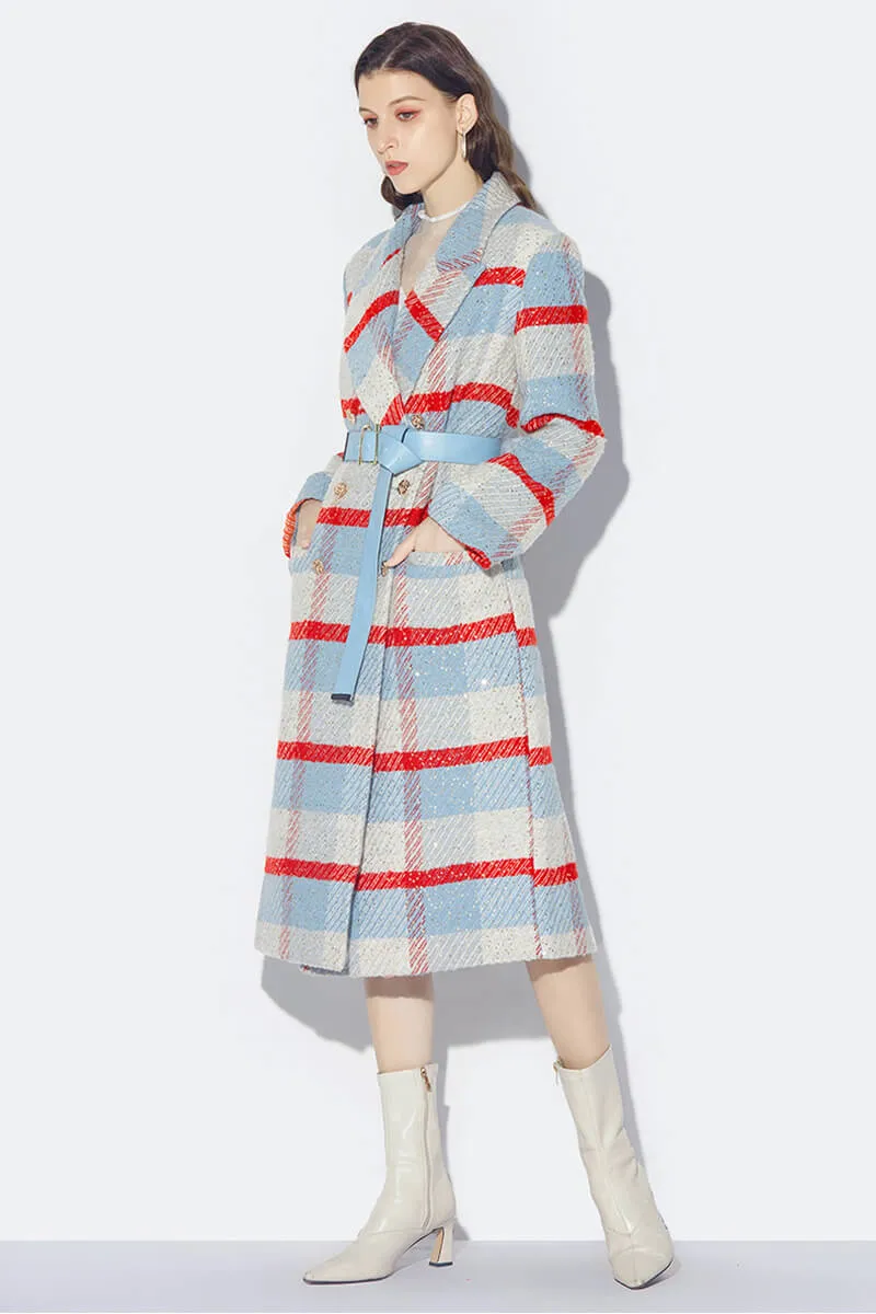 Renee Wool Blend Plaid Sequin Double Breasted Coat