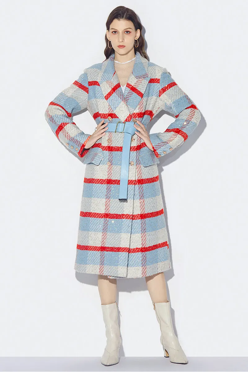 Renee Wool Blend Plaid Sequin Double Breasted Coat