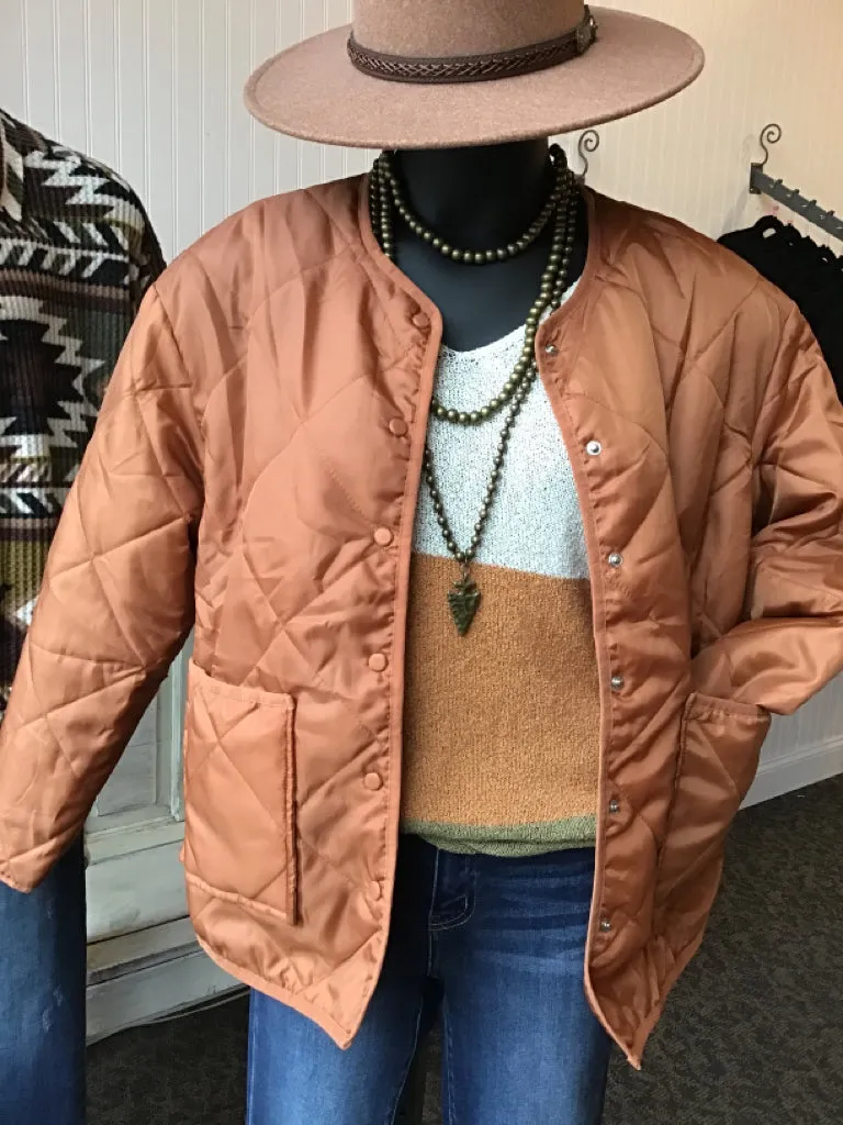 Rust Quilted Lightweight Puffer Bomber Coat - S to 3X