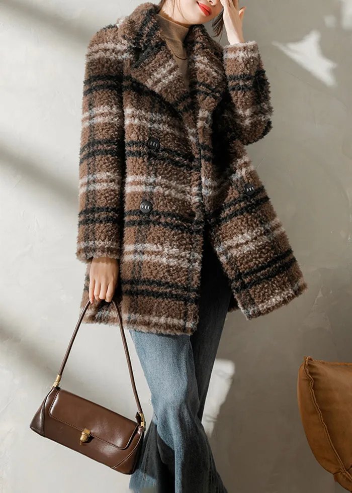 Shannon Plaid Pattern Lamb Fur Coat