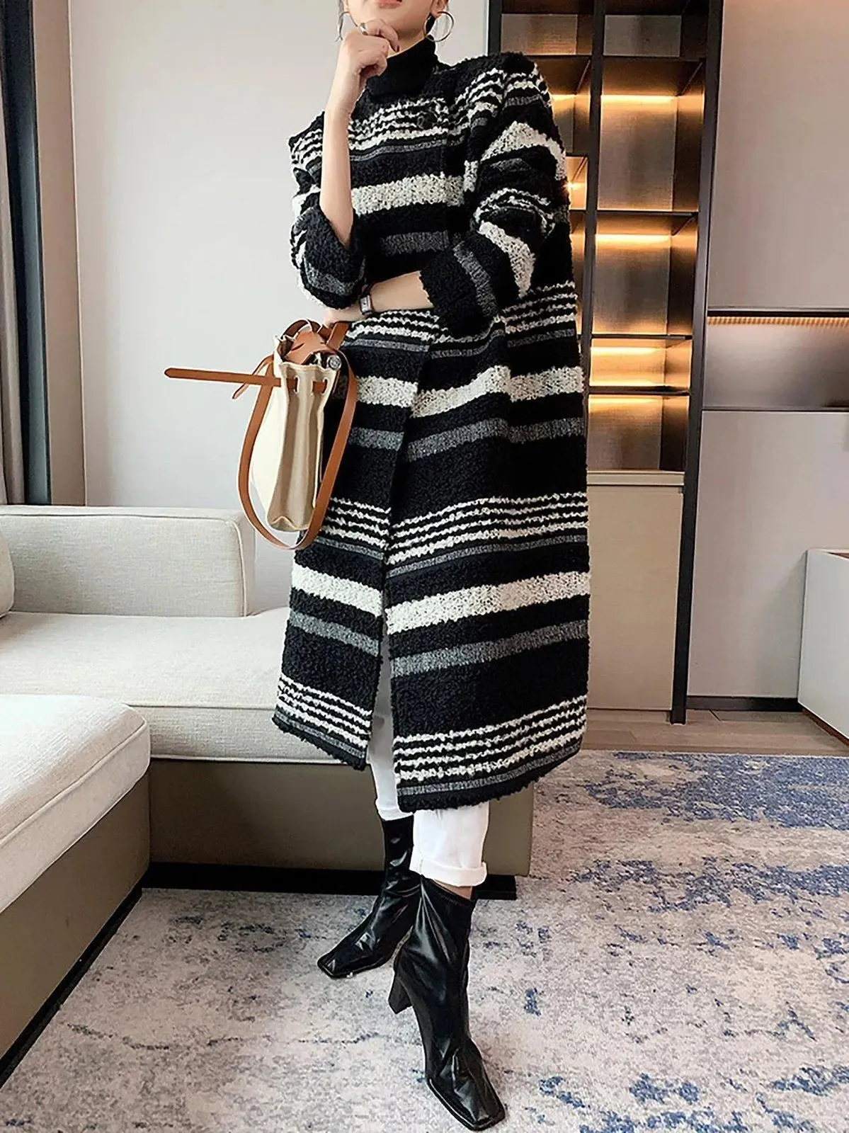 Striped Collarless Midi Length Wool Blend Coat