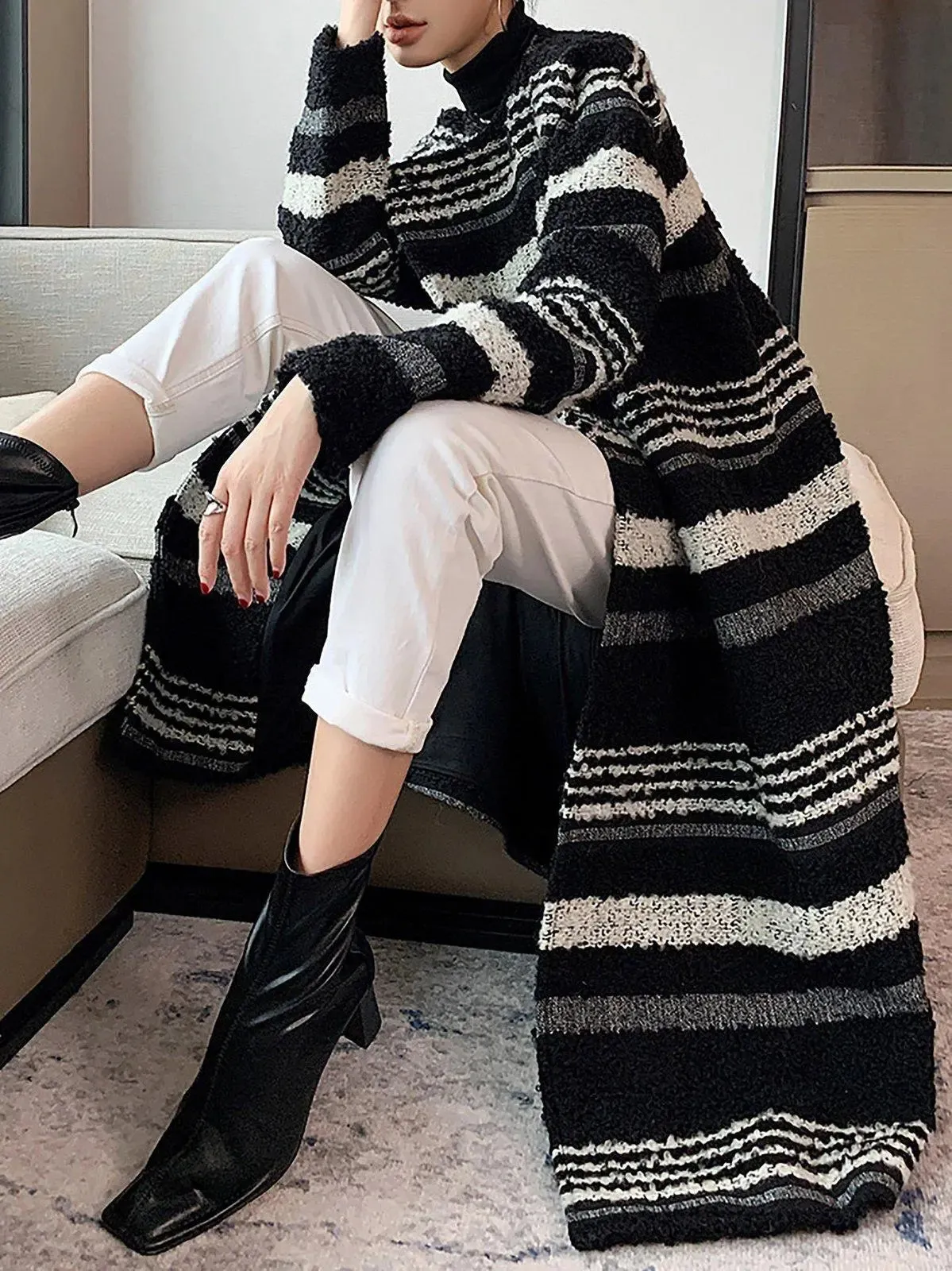 Striped Collarless Midi Length Wool Blend Coat