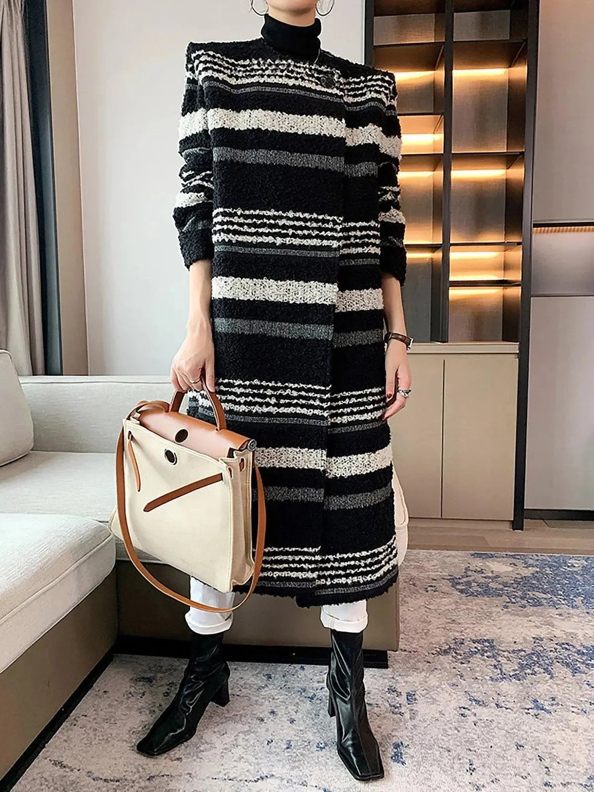 Striped Collarless Midi Length Wool Blend Coat