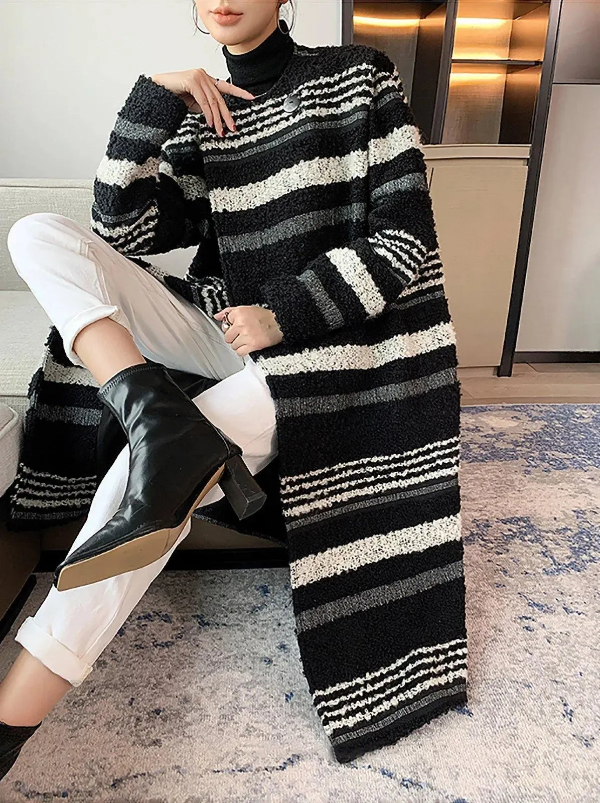 Striped Collarless Midi Length Wool Blend Coat