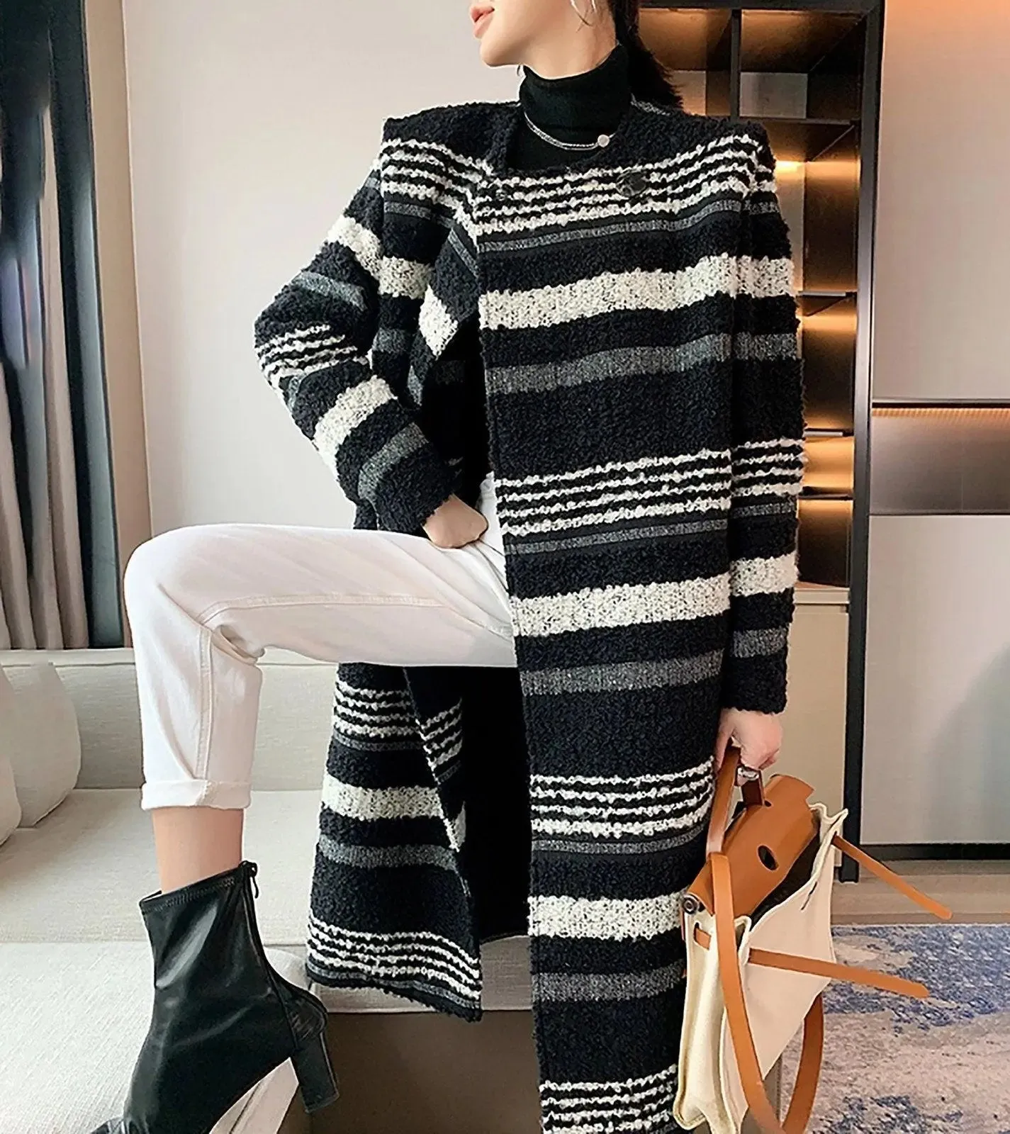 Striped Collarless Midi Length Wool Blend Coat