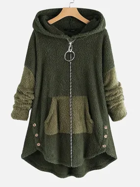 Stylish Plus Size Teddy Hooded Winter Coat with Button Pocket in Green and Black Sizes L-4XL