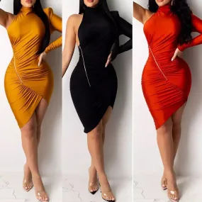 Turtleneck One Shoulder Zipper Dress