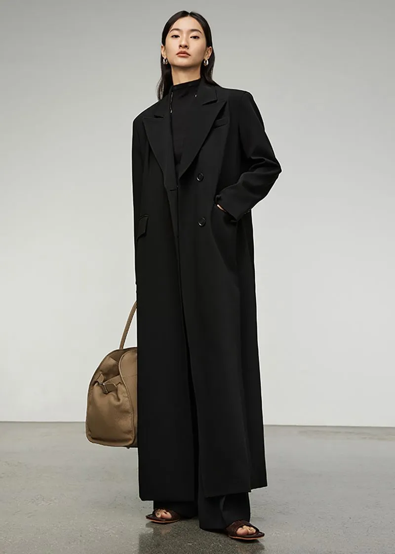 Valda Black Double Breasted Long Trench Coat