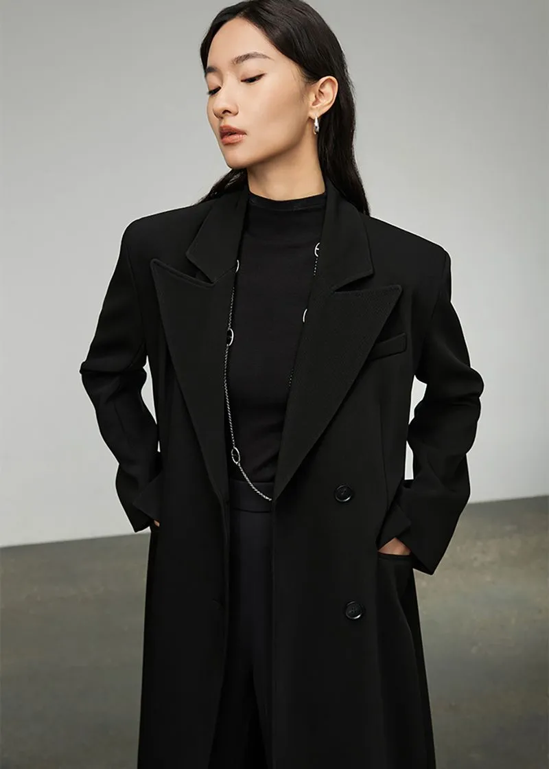 Valda Black Double Breasted Long Trench Coat