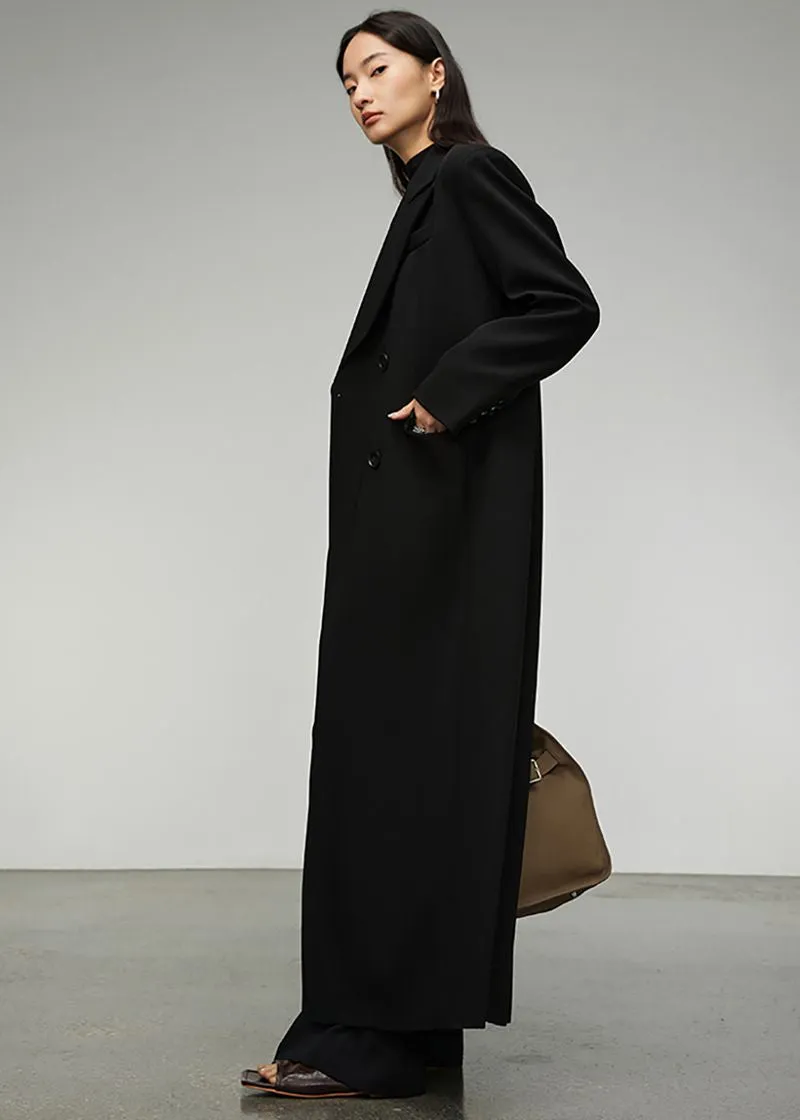 Valda Black Double Breasted Long Trench Coat