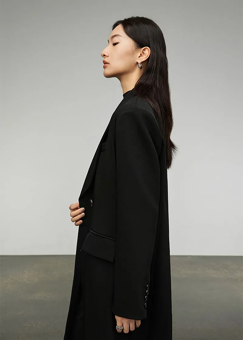 Valda Black Double Breasted Long Trench Coat