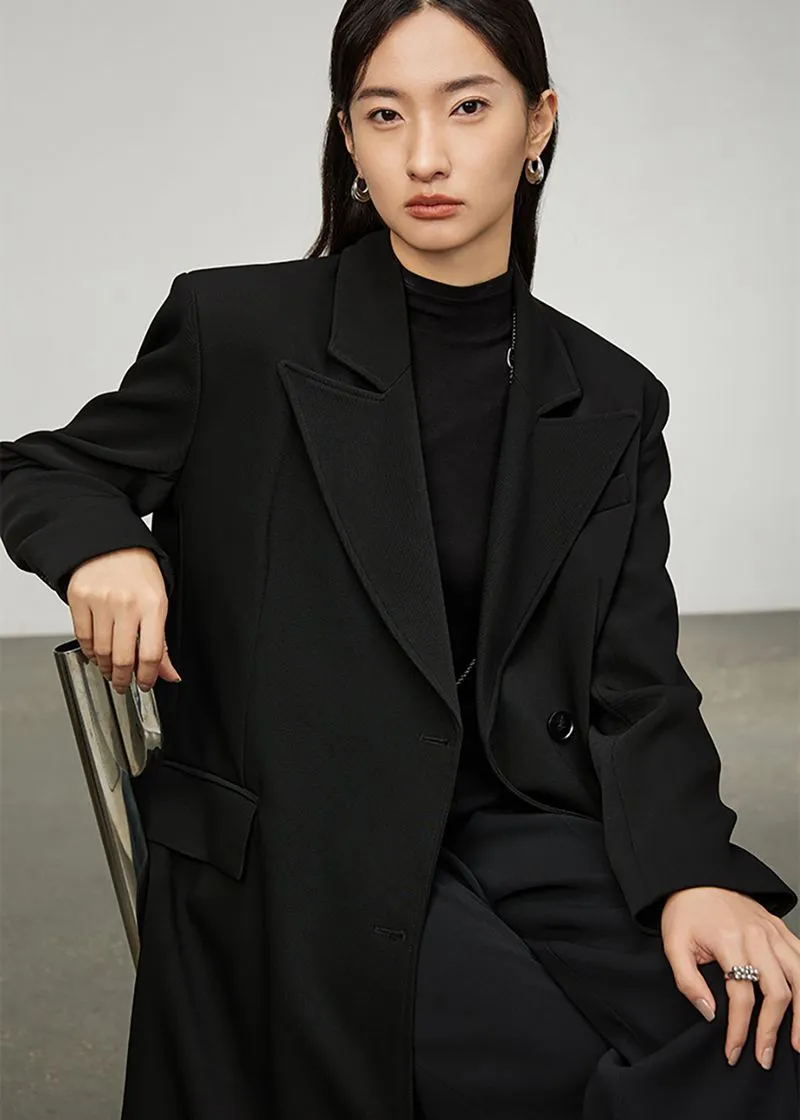 Valda Black Double Breasted Long Trench Coat