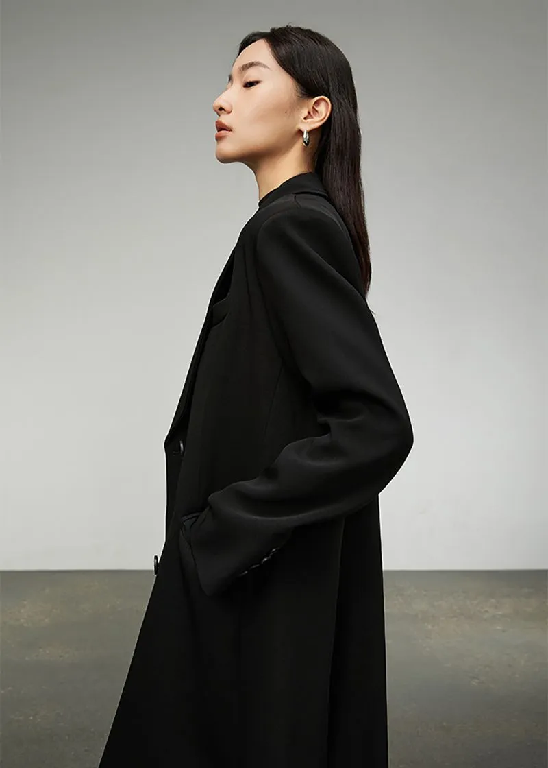 Valda Black Double Breasted Long Trench Coat