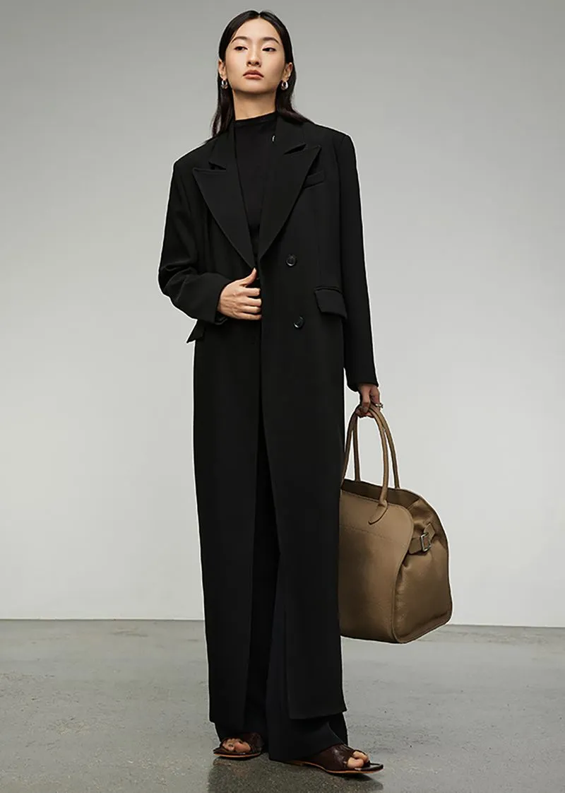 Valda Black Double Breasted Long Trench Coat